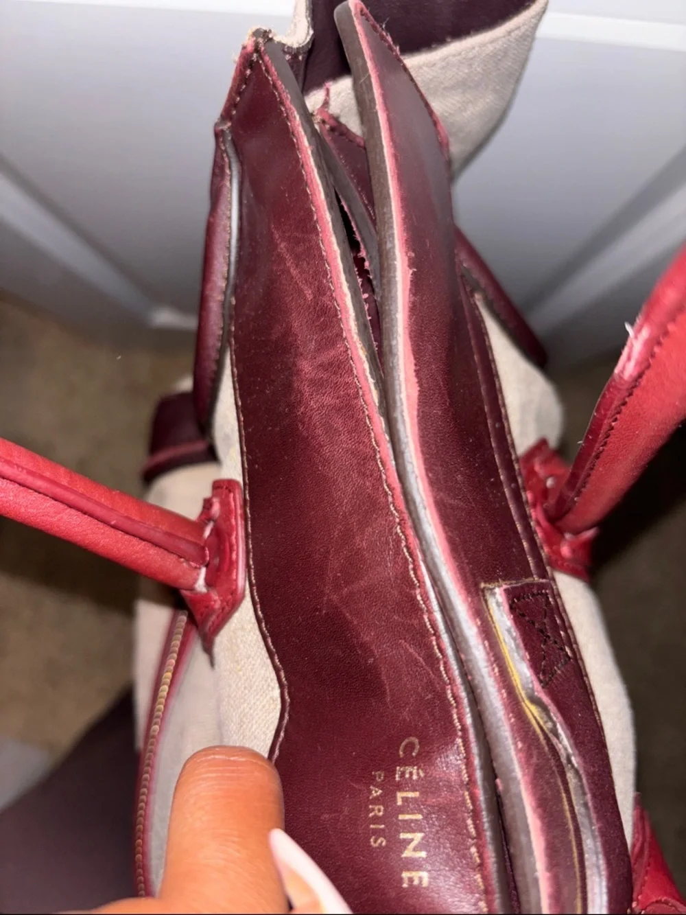 Celine Beige Canvas Tote with Burgundy and Dark Brown Leather Trim - Picture 9 of 10